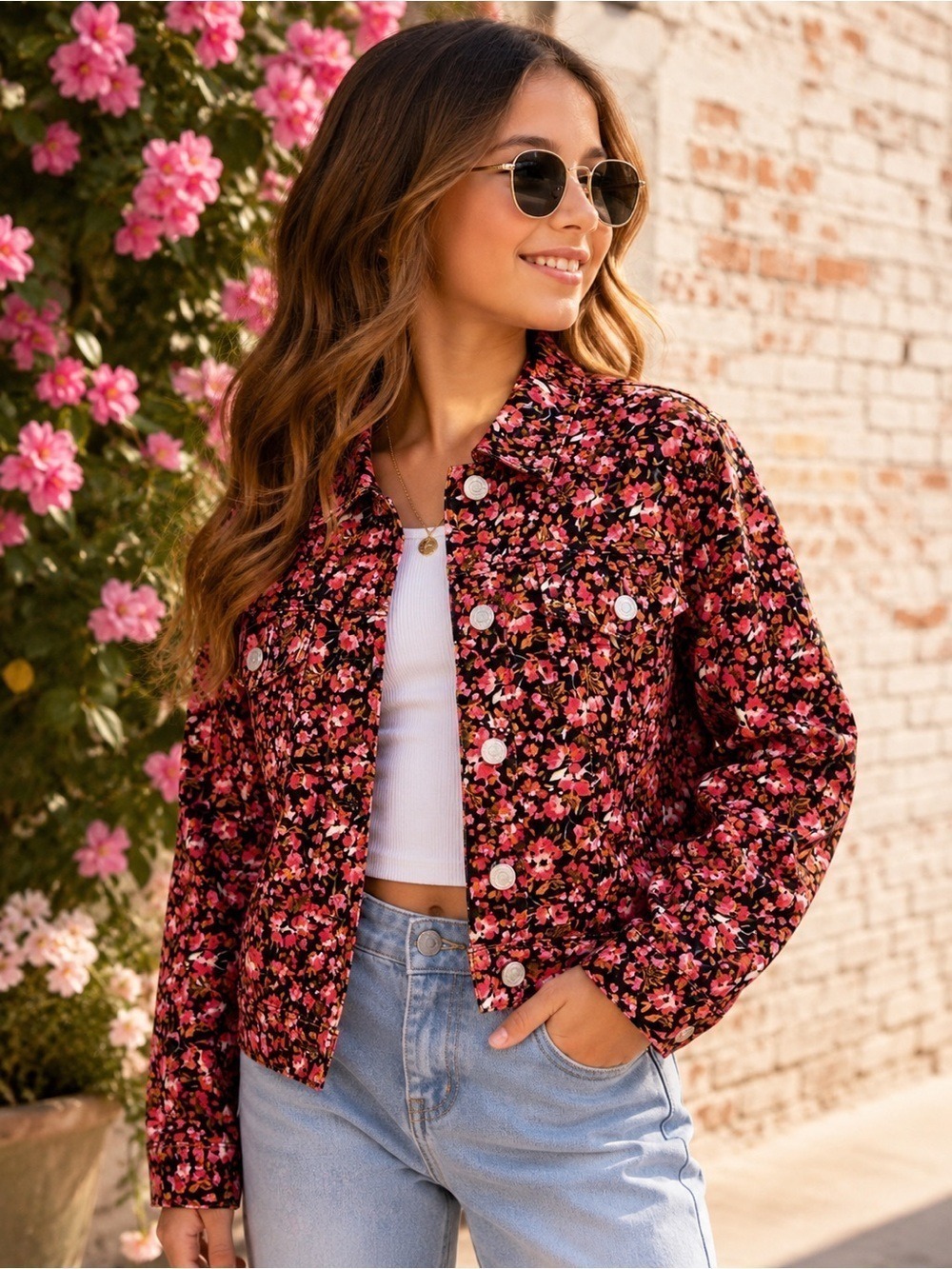 Social Standard by Sanctuary Floral Denim Jacket Girls XL 14 16 Pink Black